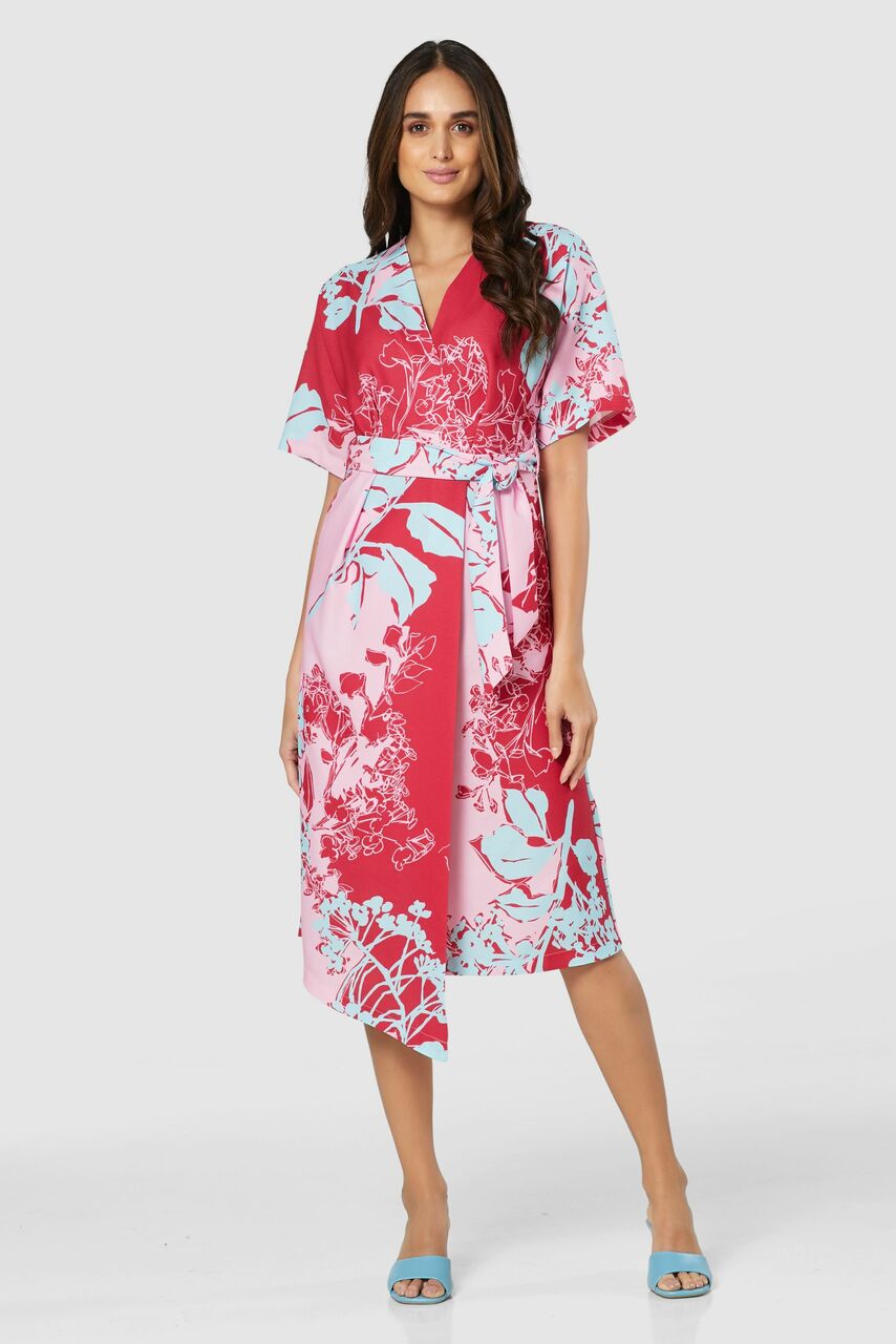 Mia Floral Print Kimono Midi Dress (Pink)