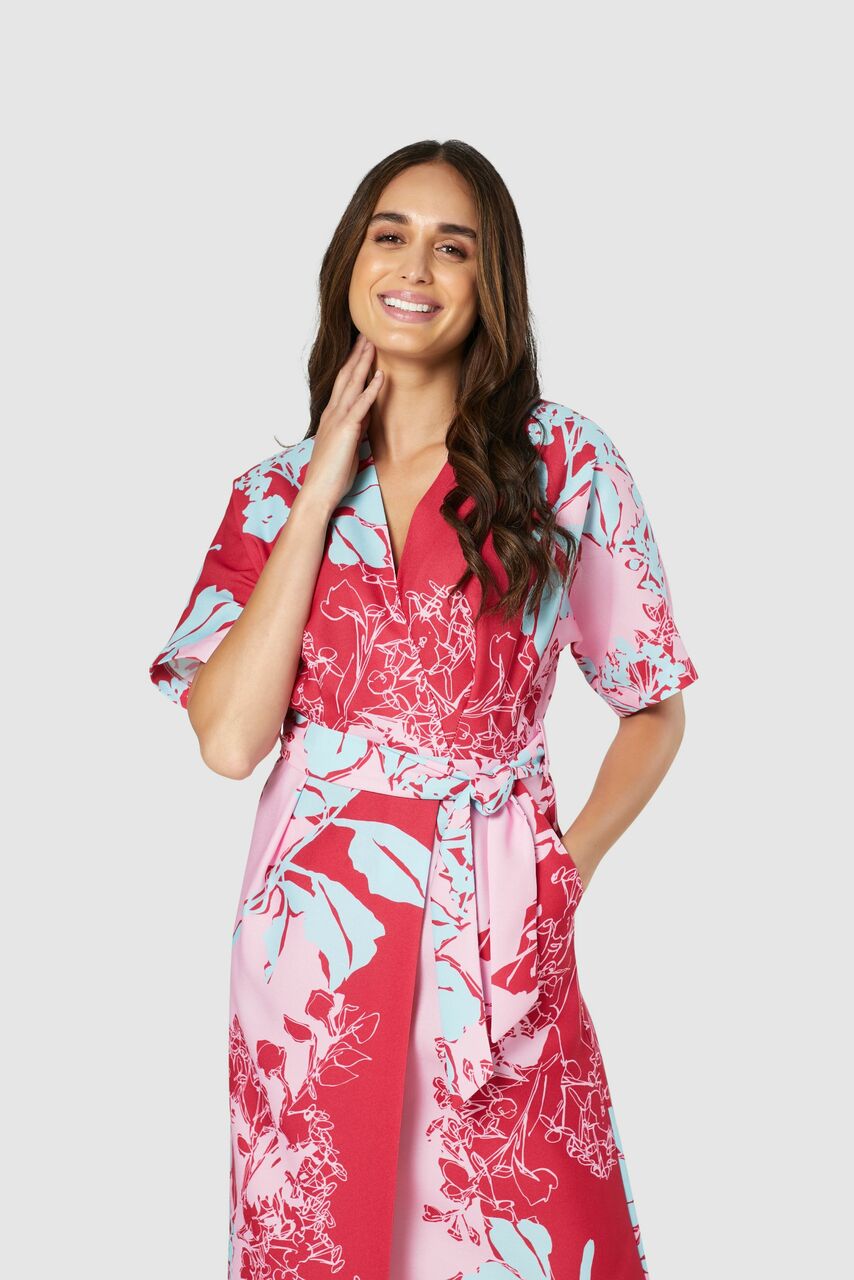 Mia Floral Print Kimono Midi Dress (Pink)