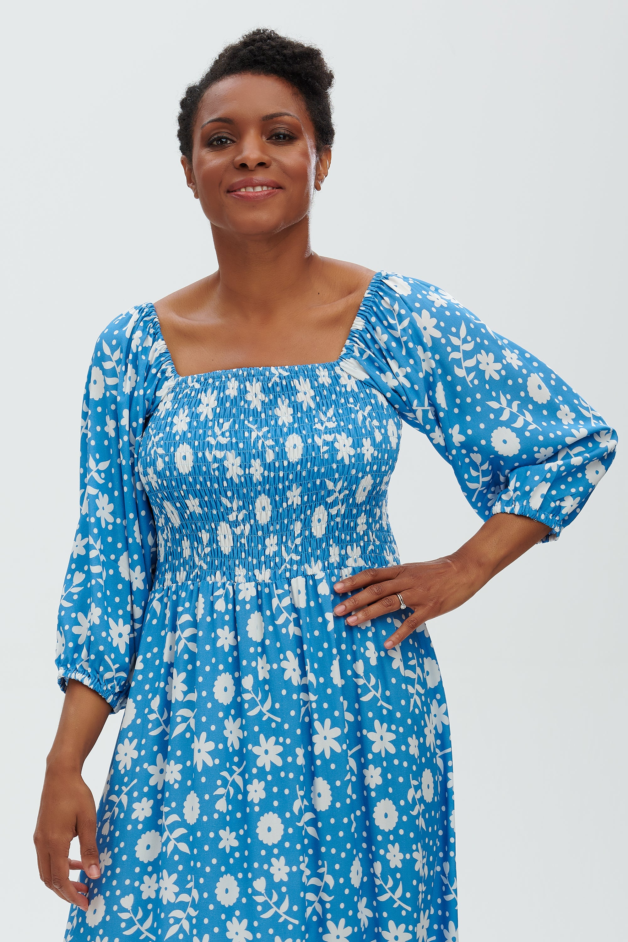 Raquel Shirred Dress | Vintage Block Floral (Blue)