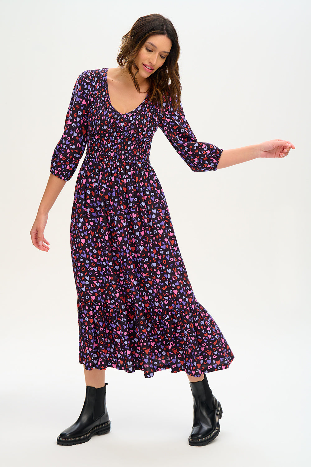 Magdalene Midi Shirred Dress - Multi Leopard Love