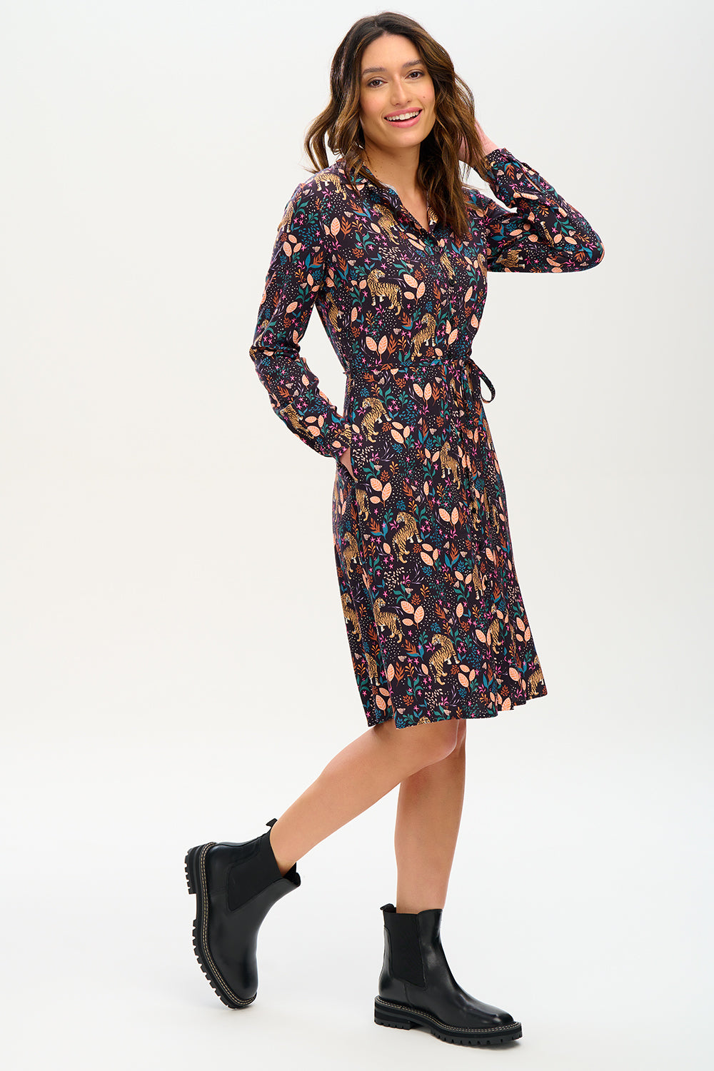 Zadie Shirt Dress - Black/Multi Jungle Tigers
