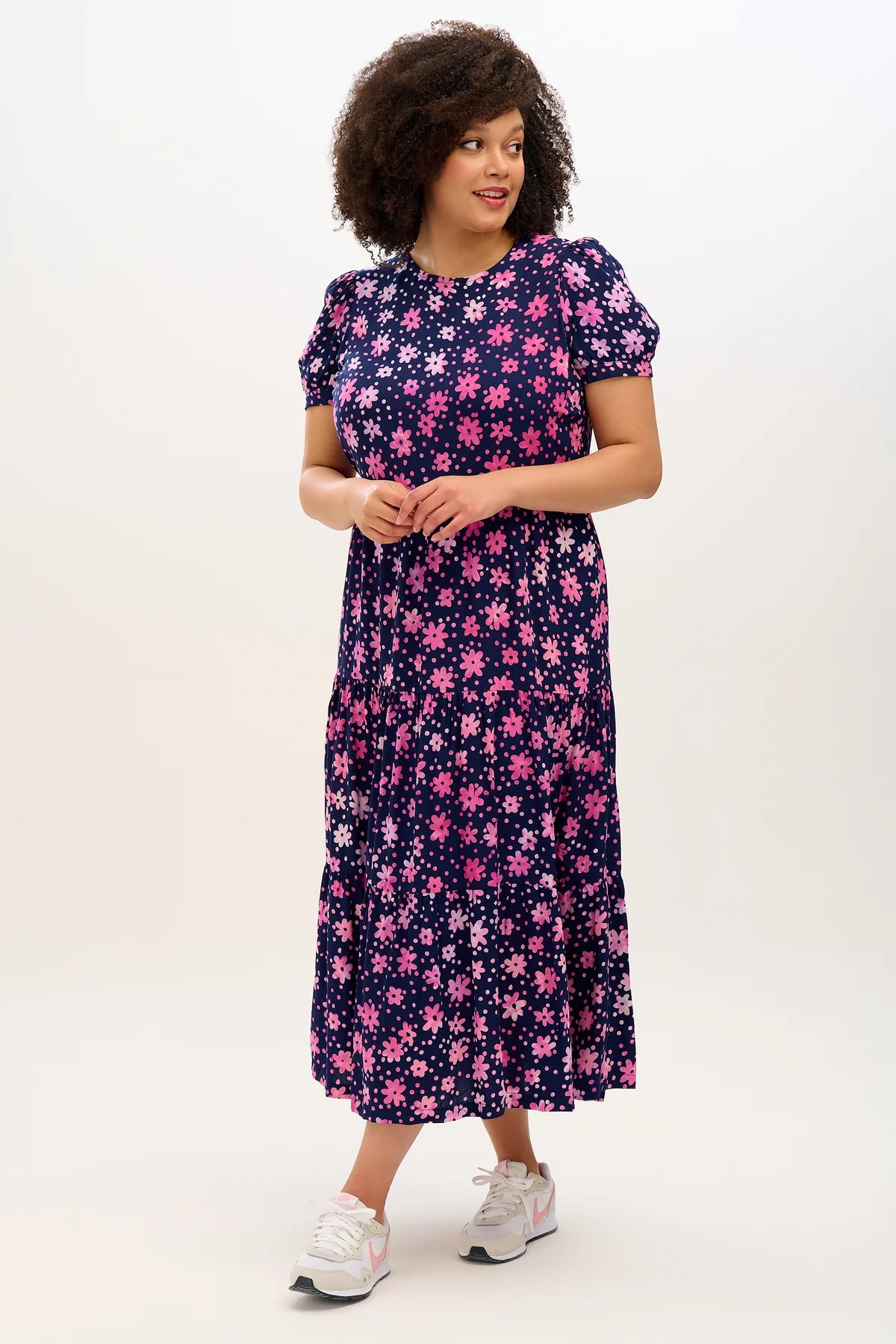 The Portia Batik Maxi Tiered Dress (Navy/Pink, Flower Power)