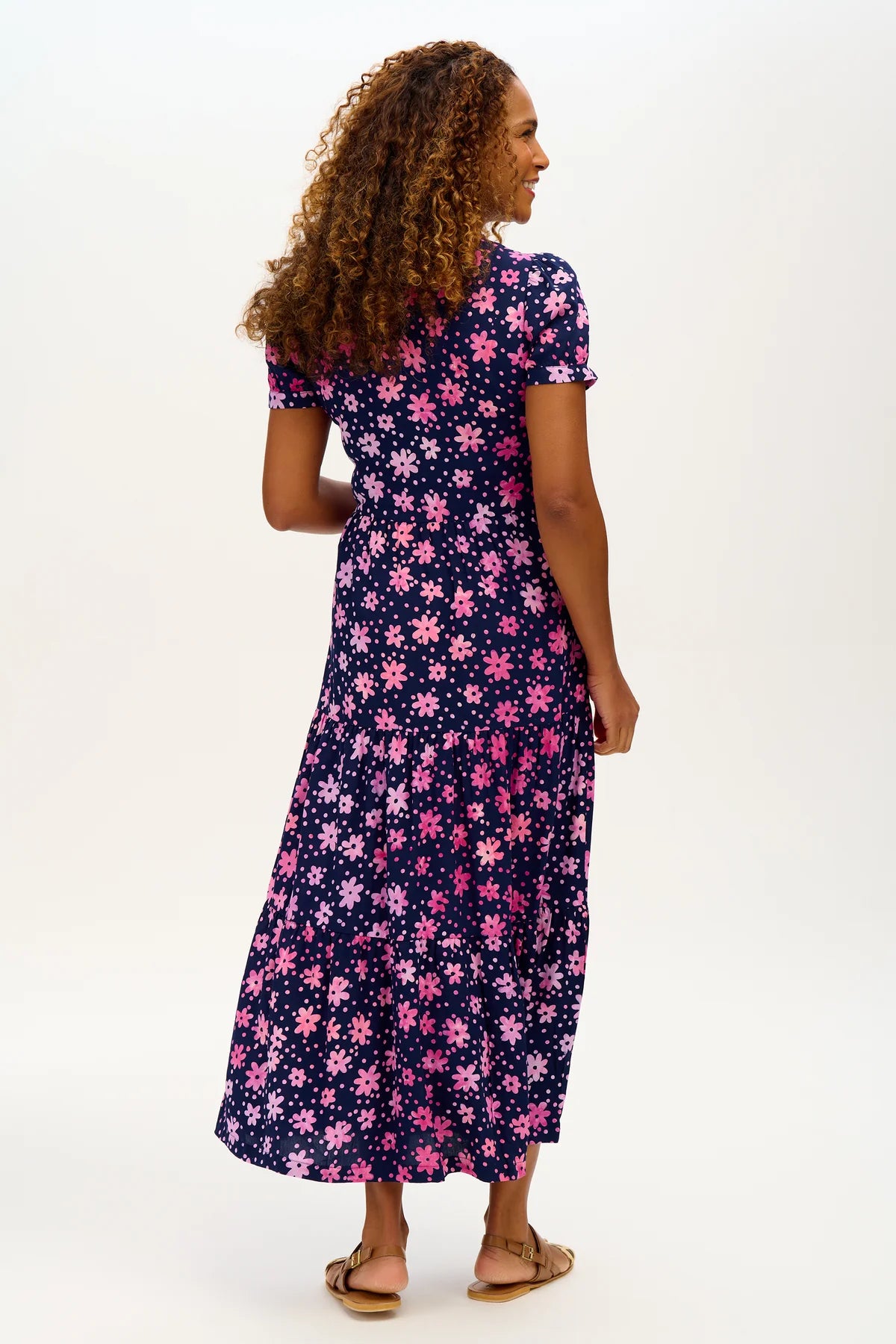 The Portia Batik Maxi Tiered Dress (Navy/Pink, Flower Power)