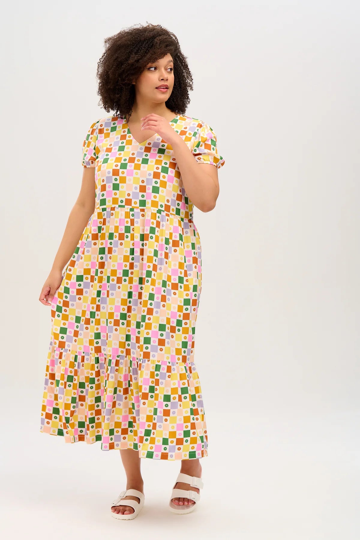 Belinda V-Neck Maxi Smock Dress (Multi, Floral Checkerboard)
