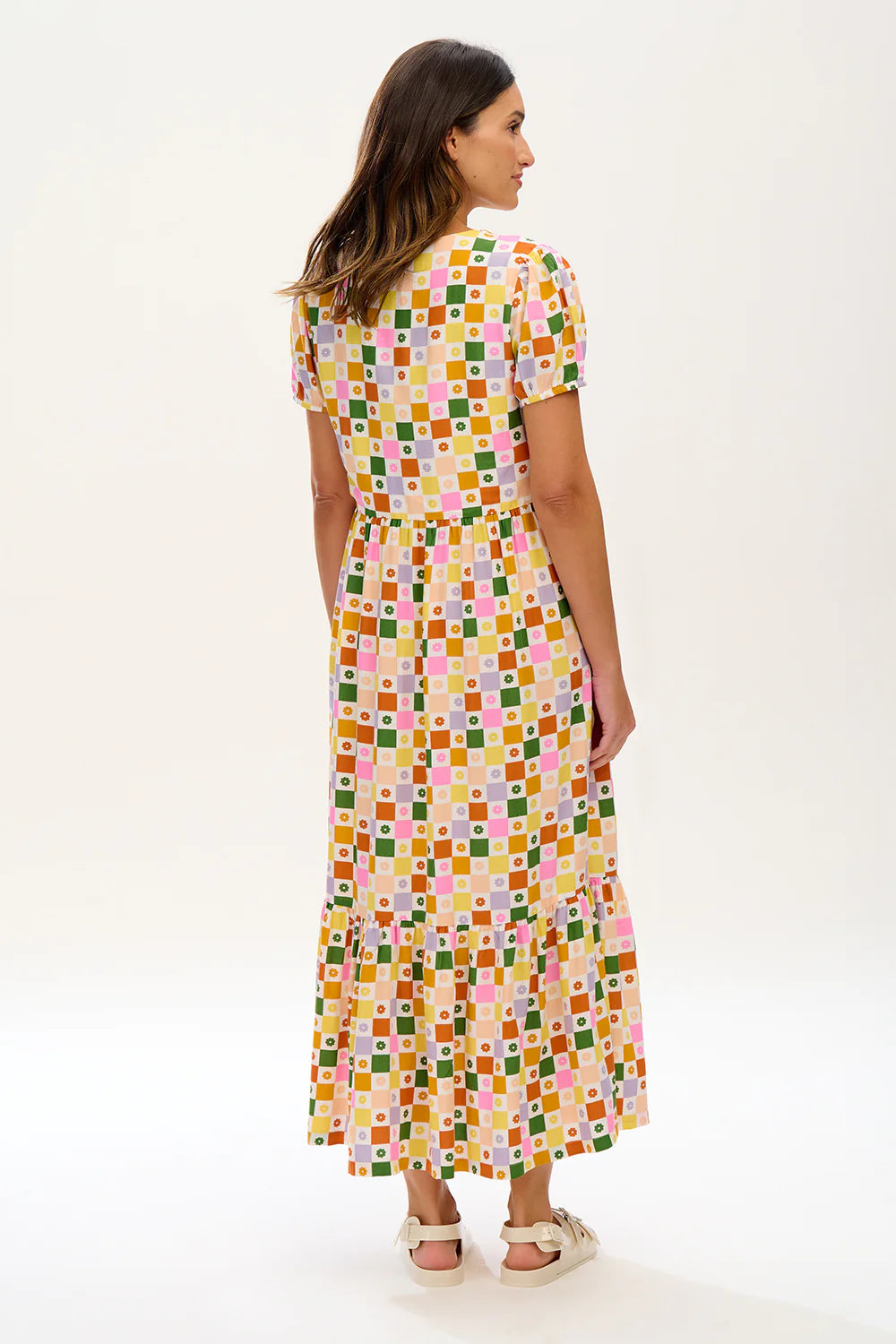 Belinda V-Neck Maxi Smock Dress (Multi, Floral Checkerboard)
