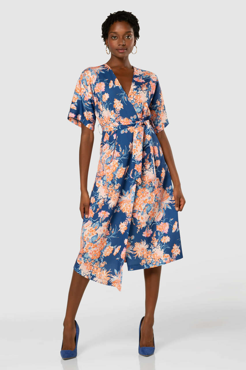 Daria Floral Print Kimono Midi Dress (Navy)
