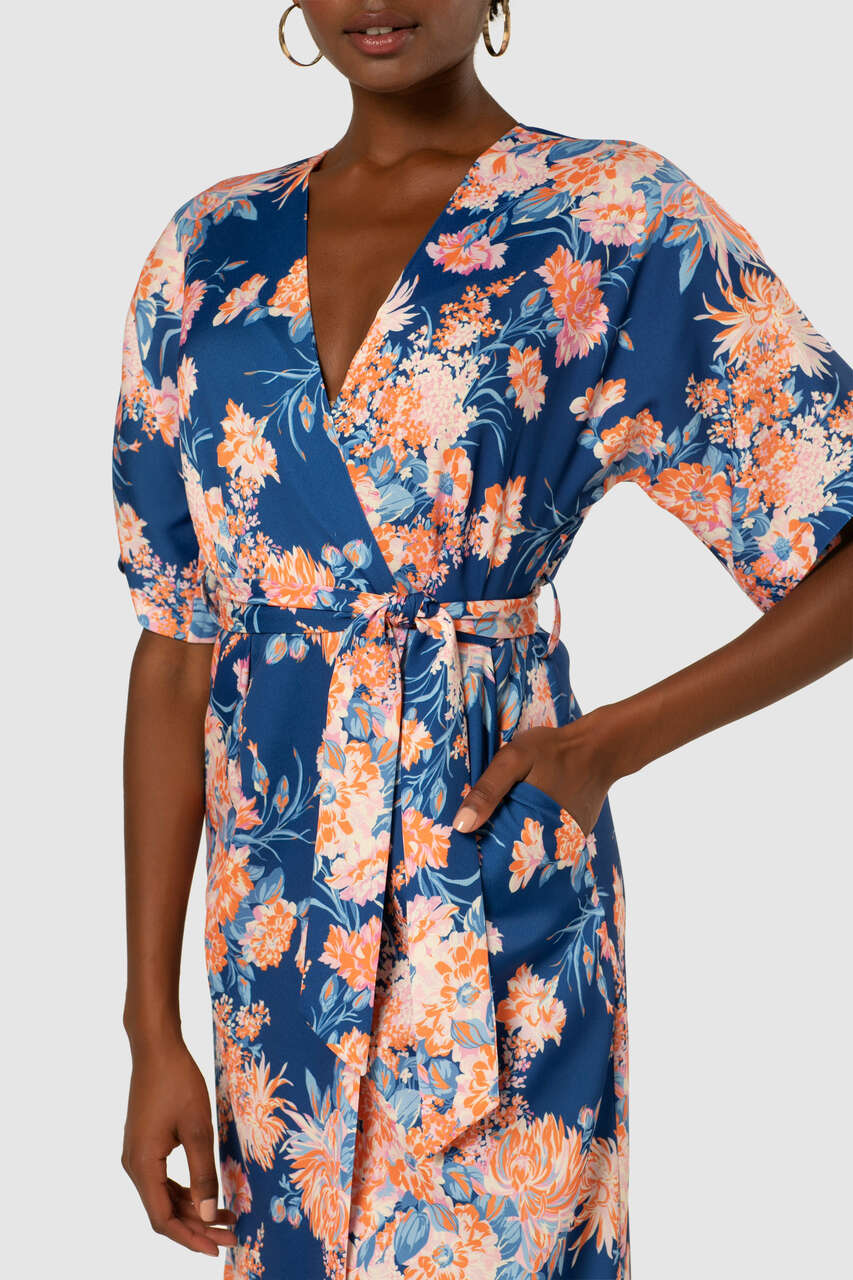 Daria Floral Print Kimono Midi Dress (Navy)