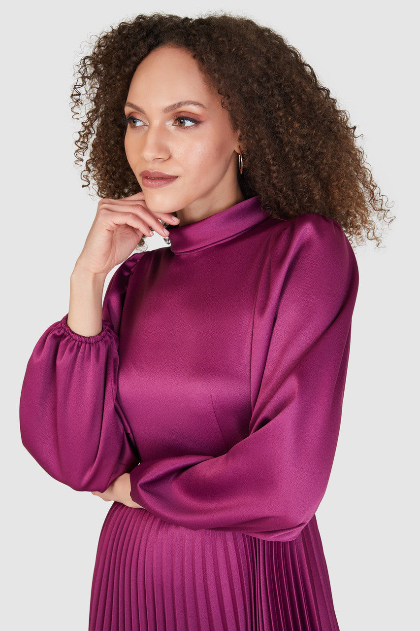 Melaney High Neck Midi Dress (Magenta)