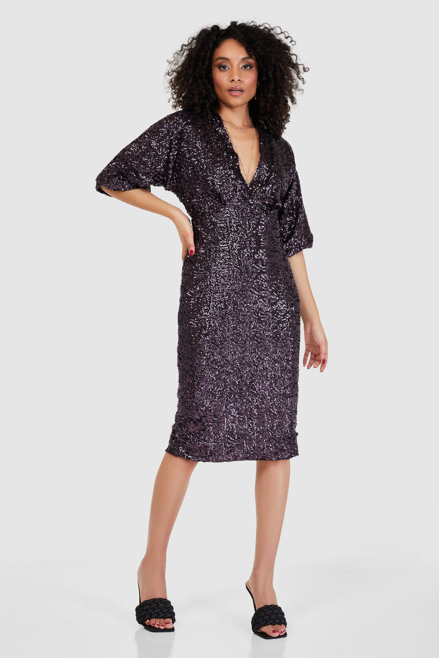PURPLE SEQUIN KIMONO PENCIL MIDI DRESS