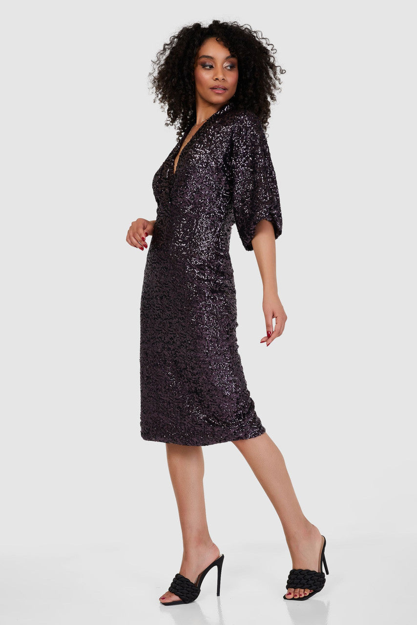 Marilyn Sequin Kimono Pencil Midi Dress (Purple)