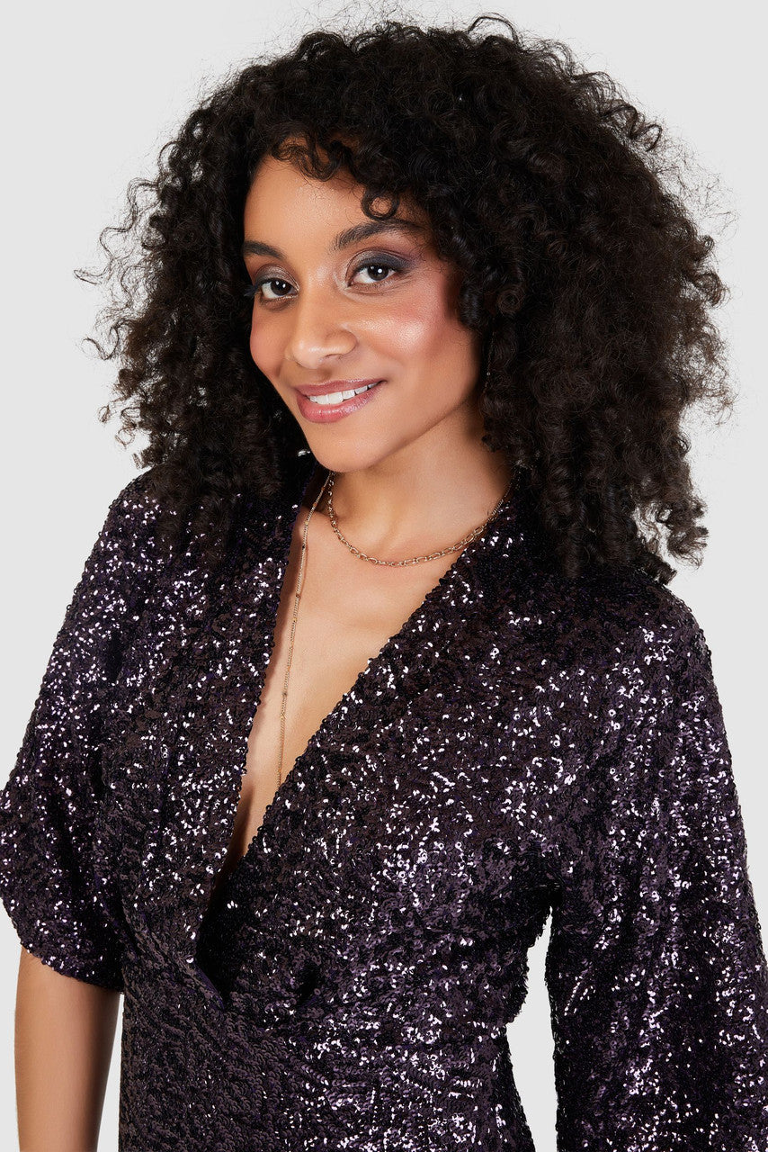 Marilyn Sequin Kimono Pencil Midi Dress (Purple)