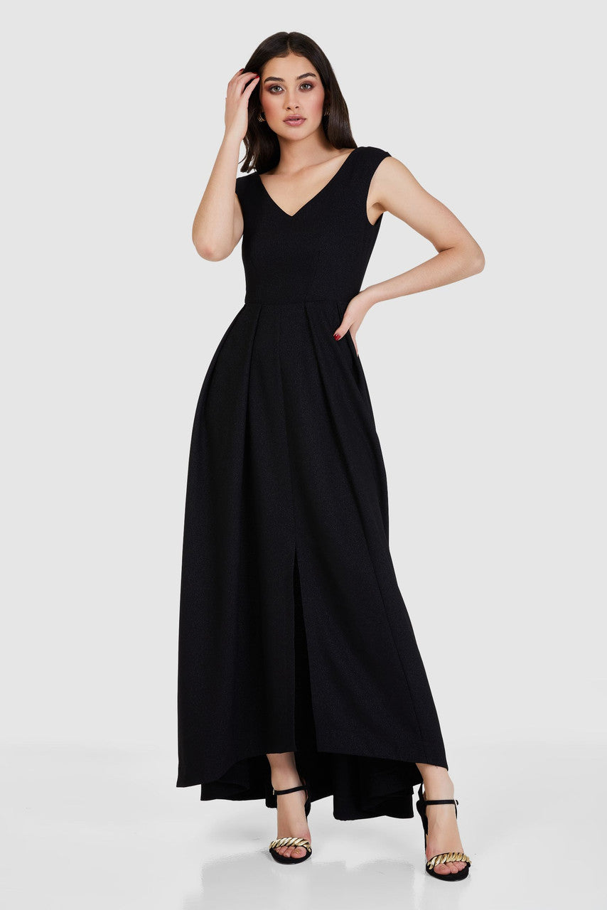 Reese High-Low Pleated Maxi Dress (Black)