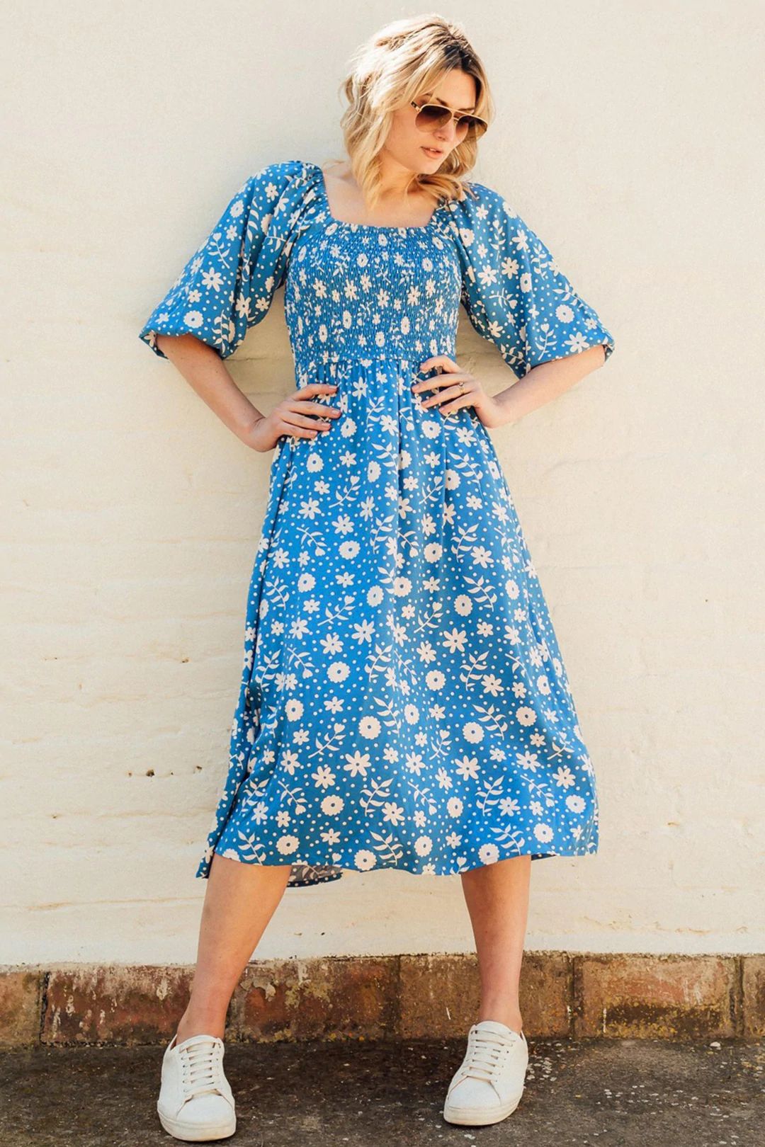 Raquel Shirred Dress | Vintage Block Floral (Blue)