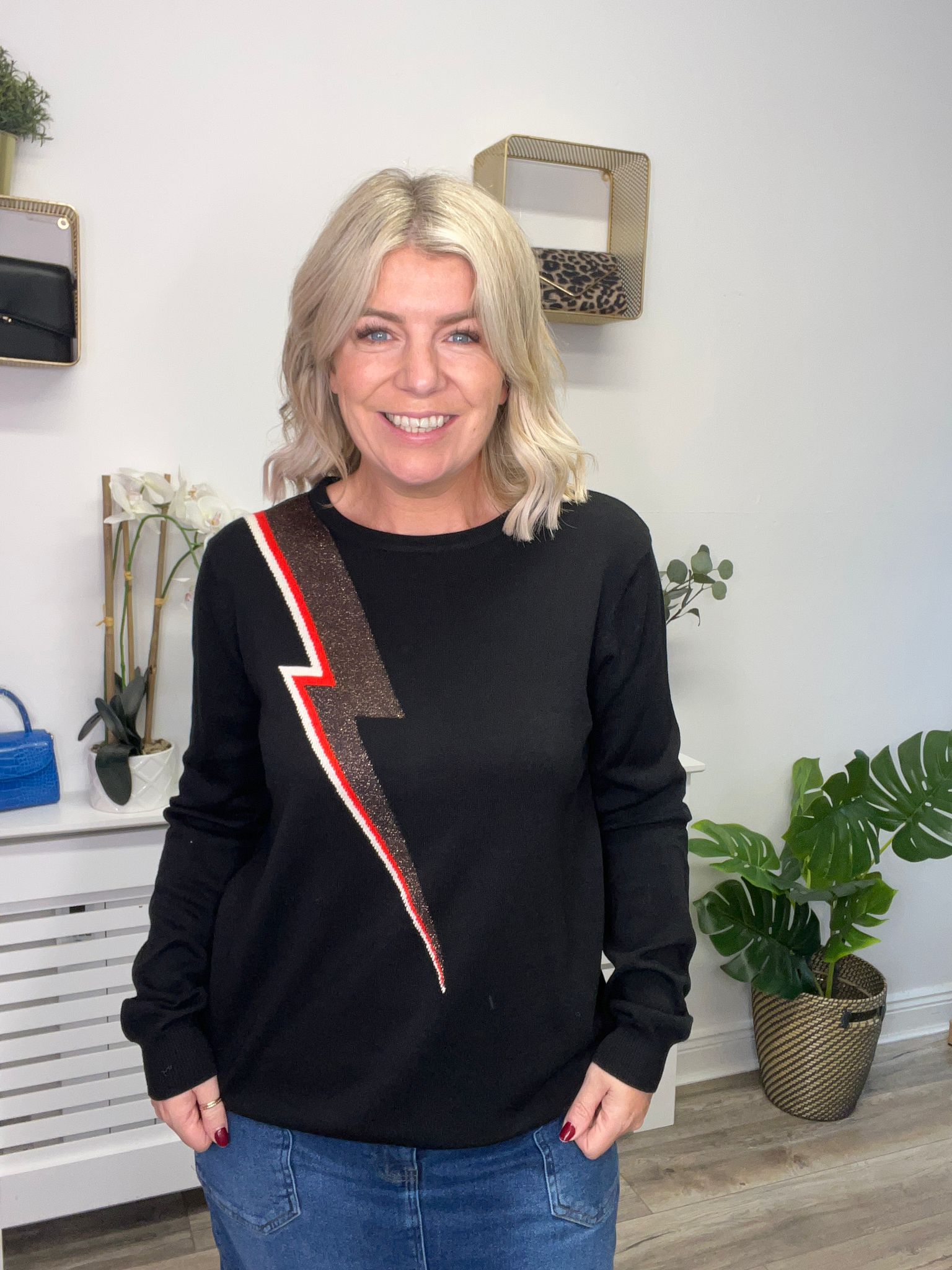 Astrid Jumper - Black, Bronze Lightning Bolt