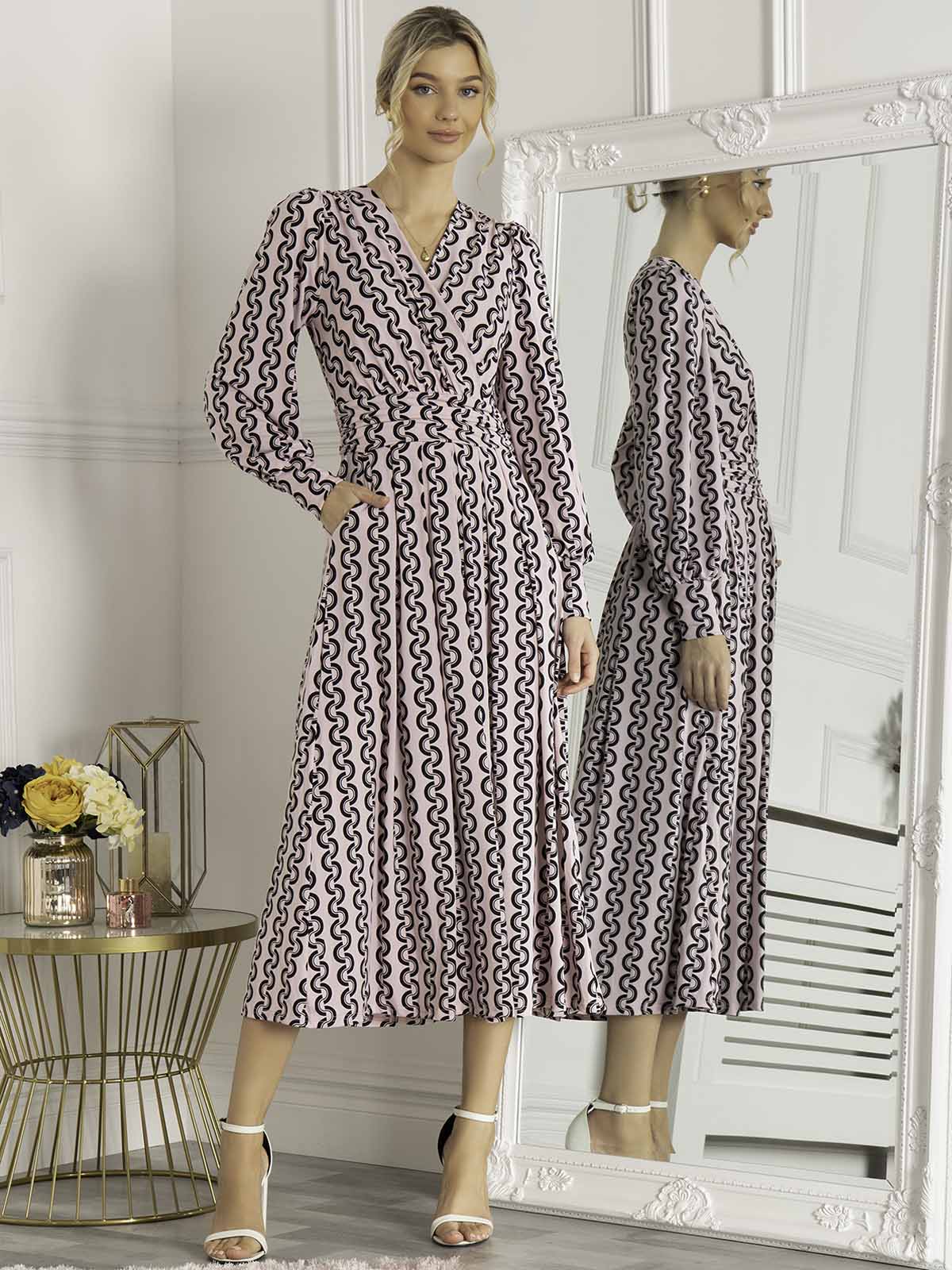 NANCY LONG SLEEVE MAXI DRESS (PINK GEO)