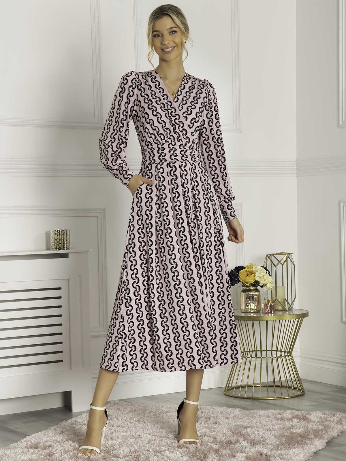 NANCY LONG SLEEVE MAXI DRESS (PINK GEO)