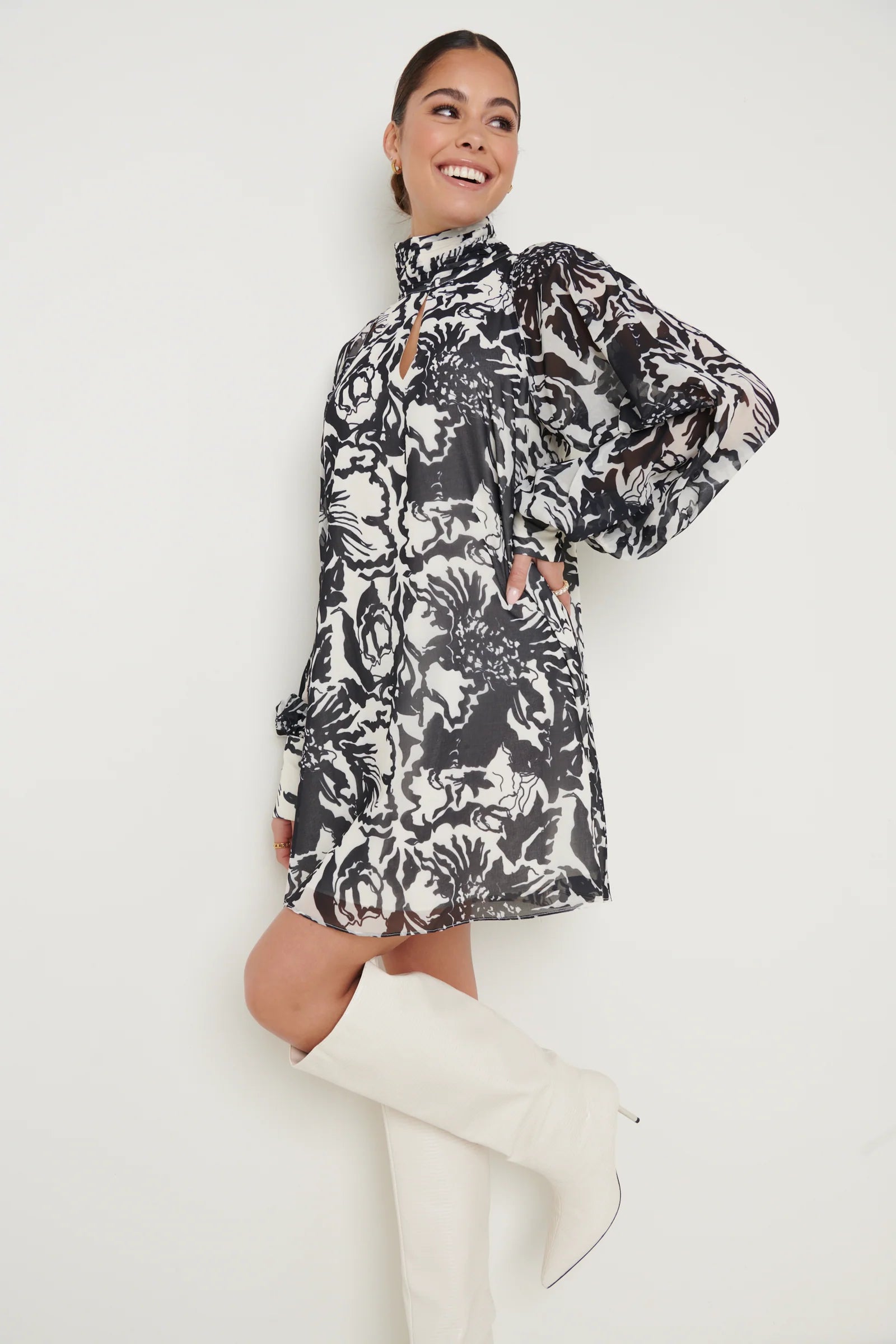 Romy Chiffon Mini Dress (Monochrome Floral)
