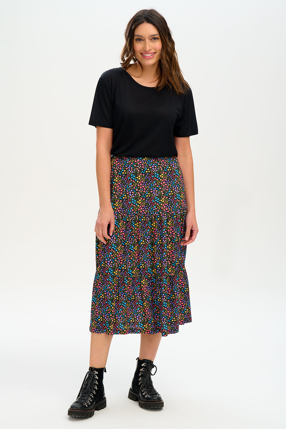Felicity Tiered Skirt - Black/Multi, Ditsy Floral
