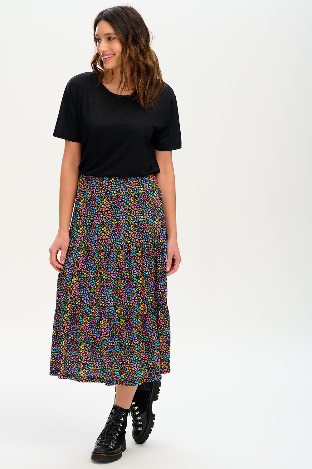 Felicity Tiered Skirt - Black/Multi, Ditsy Floral