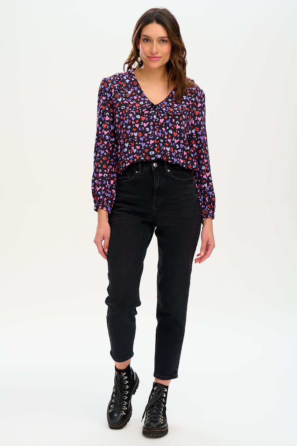 Henna Frill Blouse - Black/Multi Leopard Love