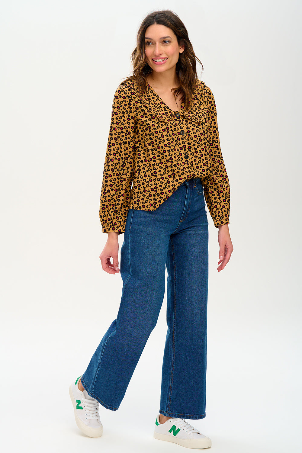 Henna Frill Blouse - Tan, Animal Floral