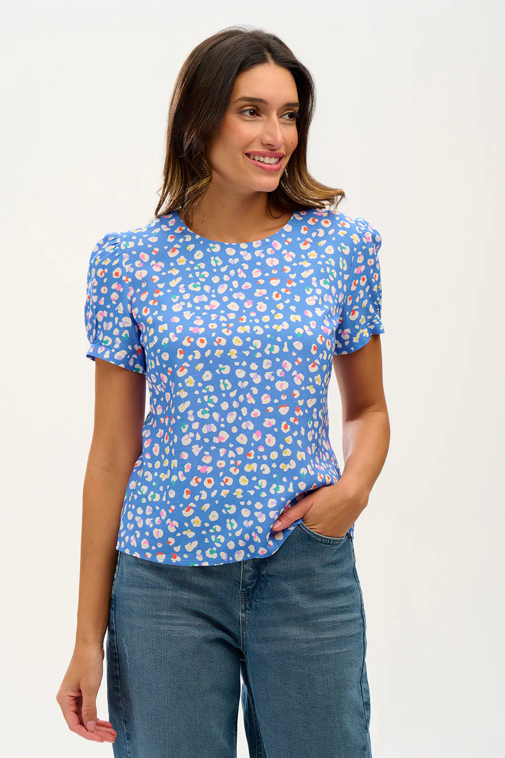Lucinda Top - Blue, Rainbow Leopard
