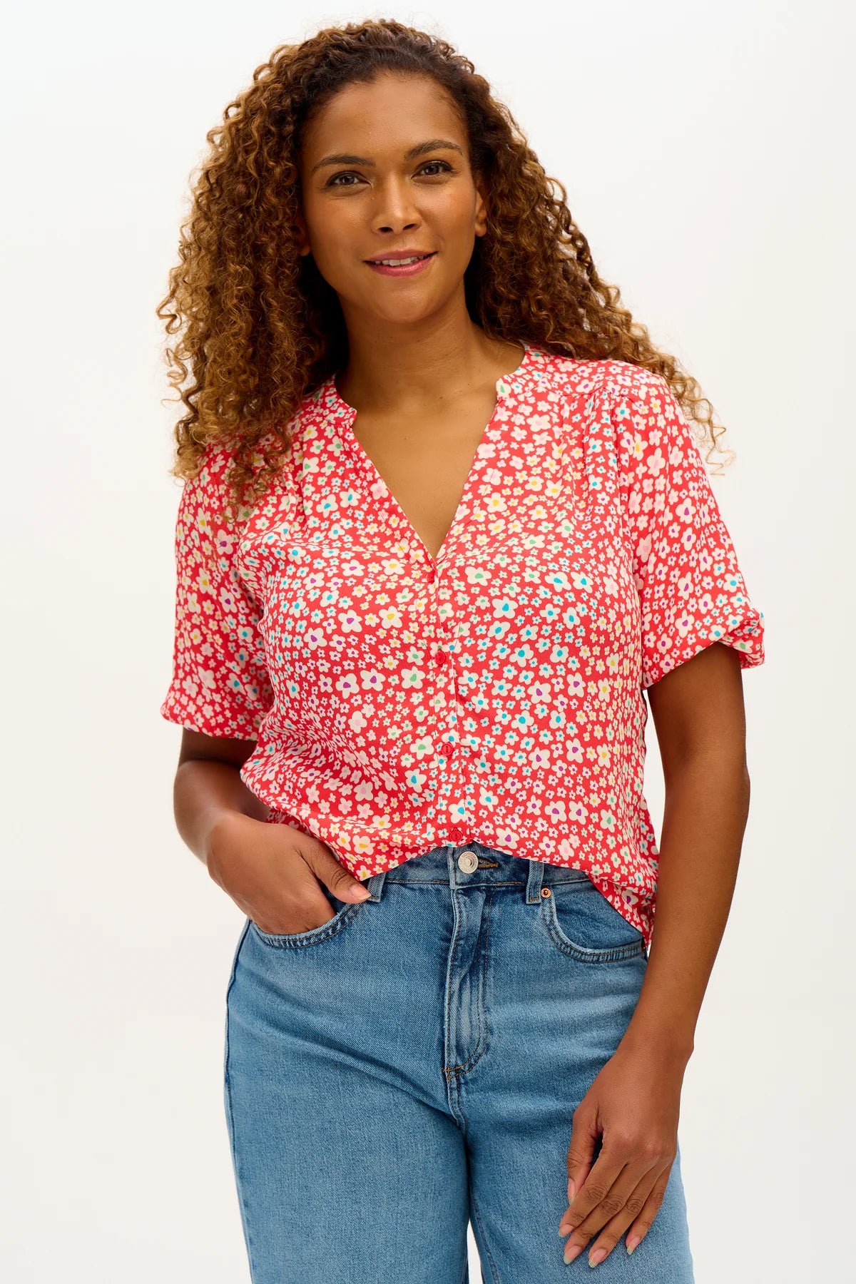 Connie Blouse - Red, Rainbow Daisies