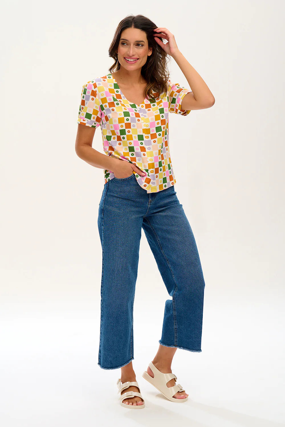 Viola Blouse - Multi, Floral Checkerboard