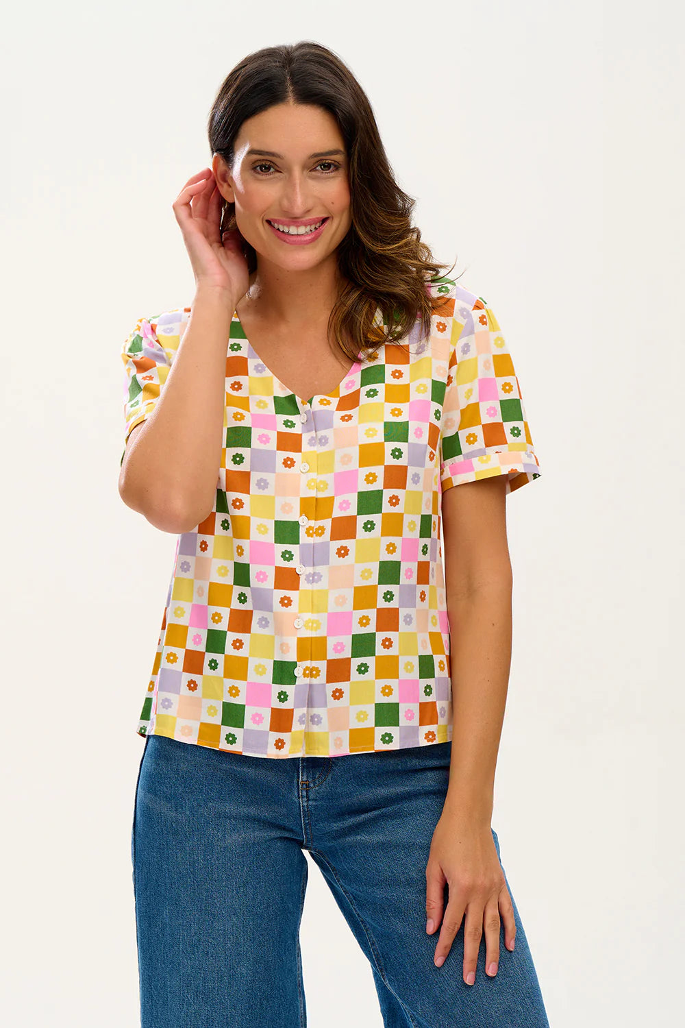 Viola Blouse - Multi, Floral Checkerboard
