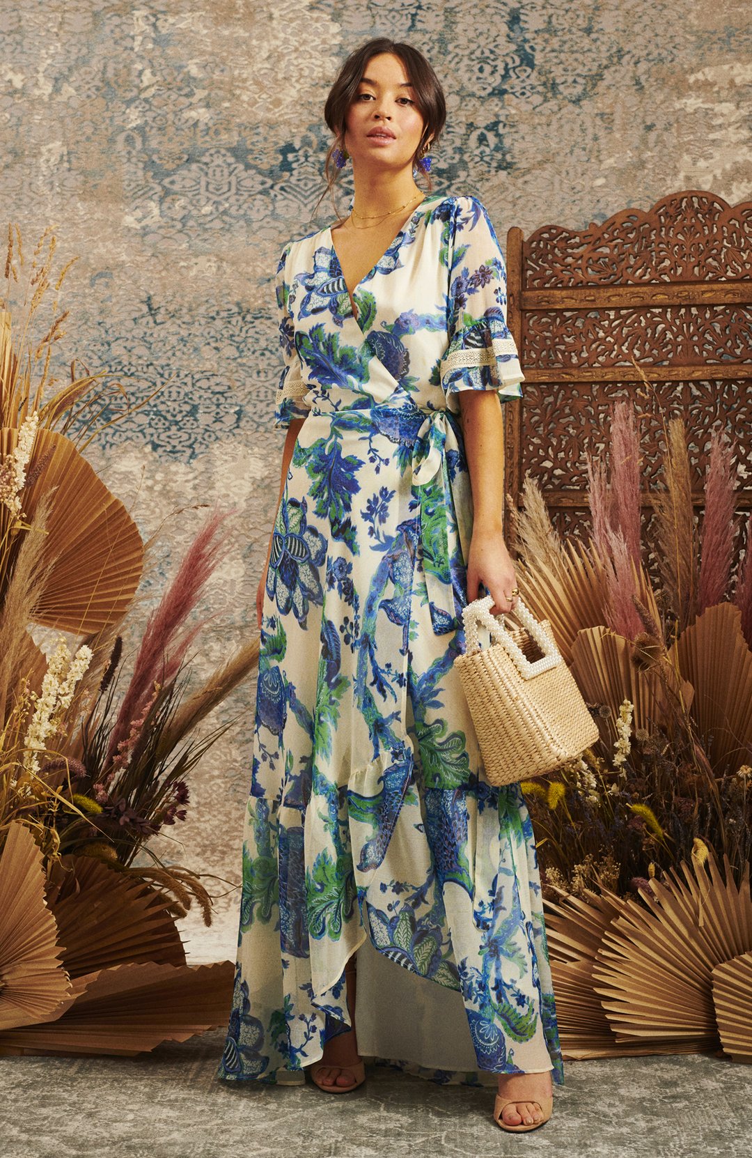Catalina Flutter Sleeve Maxi Wrap Dress