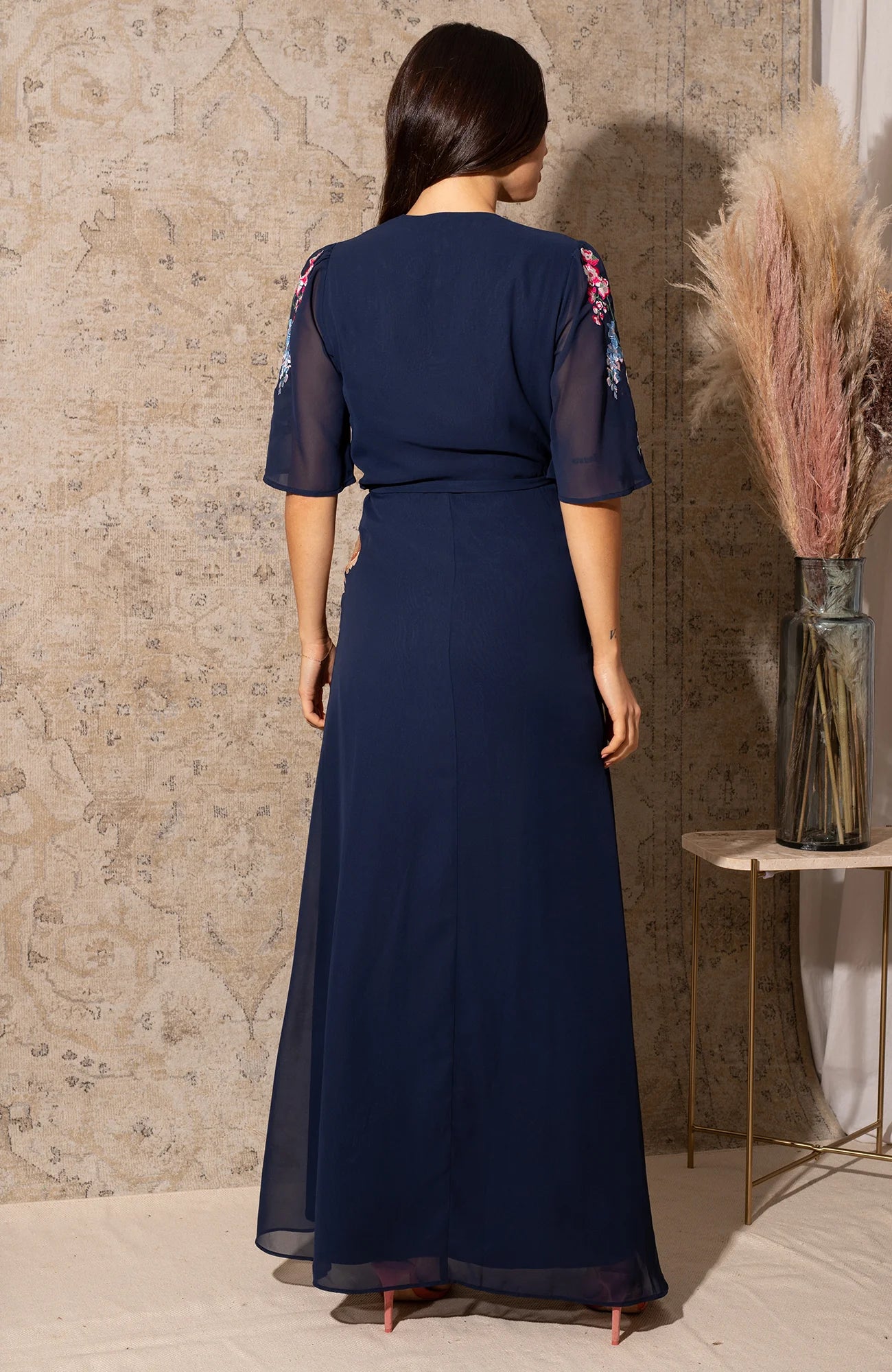 The Gisela Embroidered Flutter Sleeve Maxi Wrap Dress