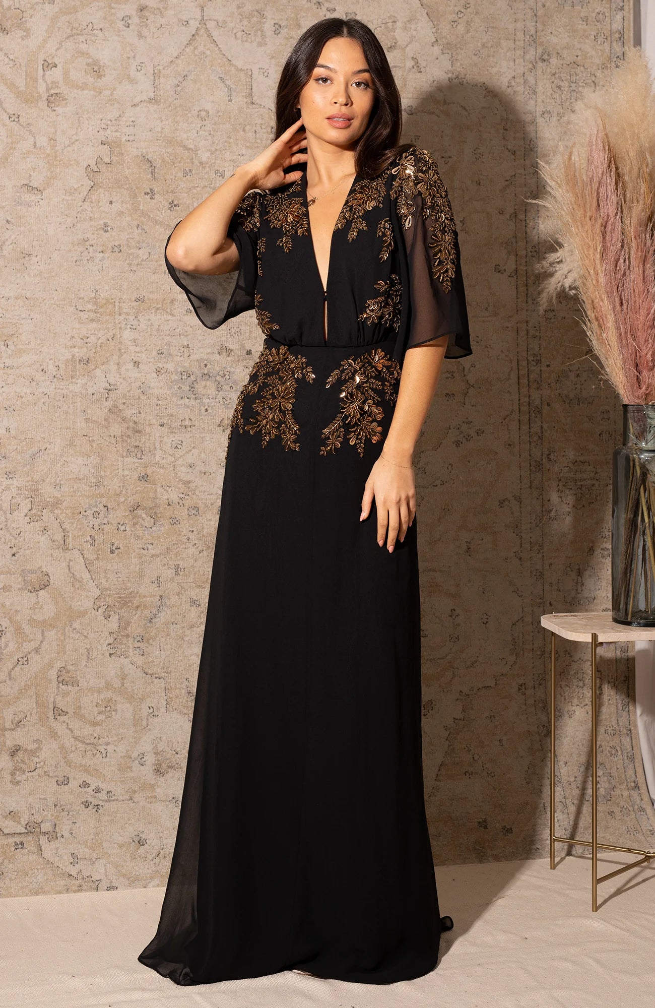 The Shay Plunge Front Embellished Maxi Dress With Flutter Sleeve (Black) | Love Cherish | Dress The Shay Plunge Front Embellished Maxi Dress With Flutter Sleeve (Black) | Love Cherish | Dress