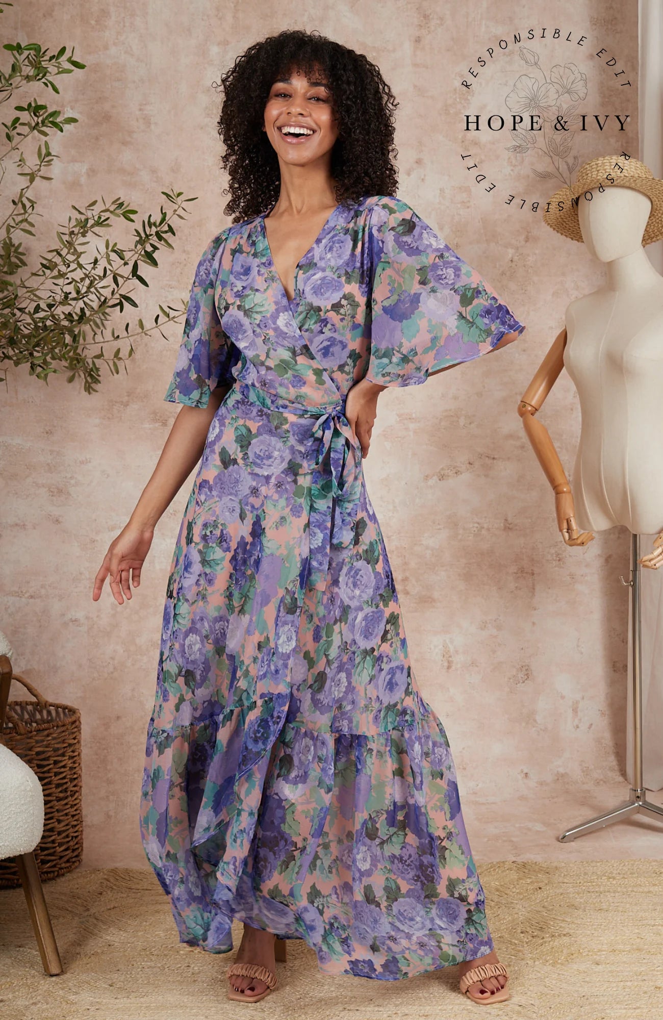 The Eira Flutter Sleeve Maxi Wrap Dress With Tie Waist