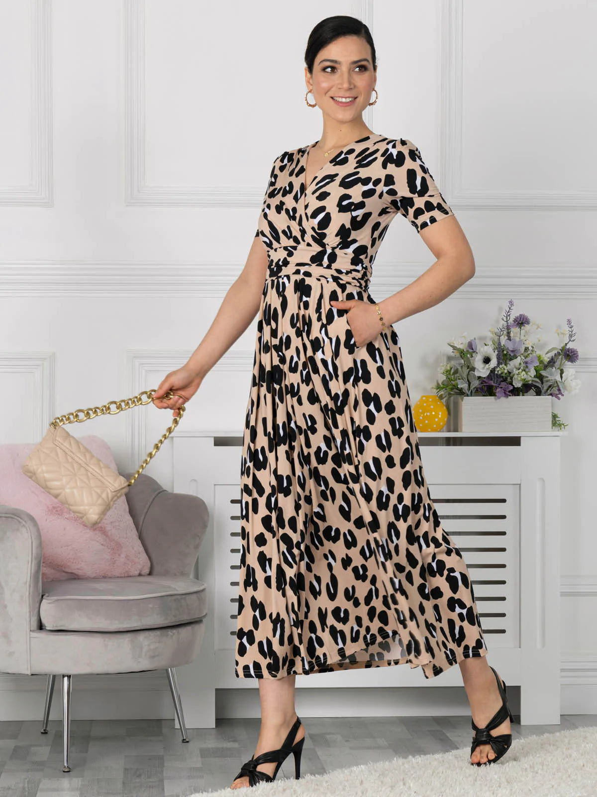 Kiera Wrap Front Maxi Dress (Camel Animal)