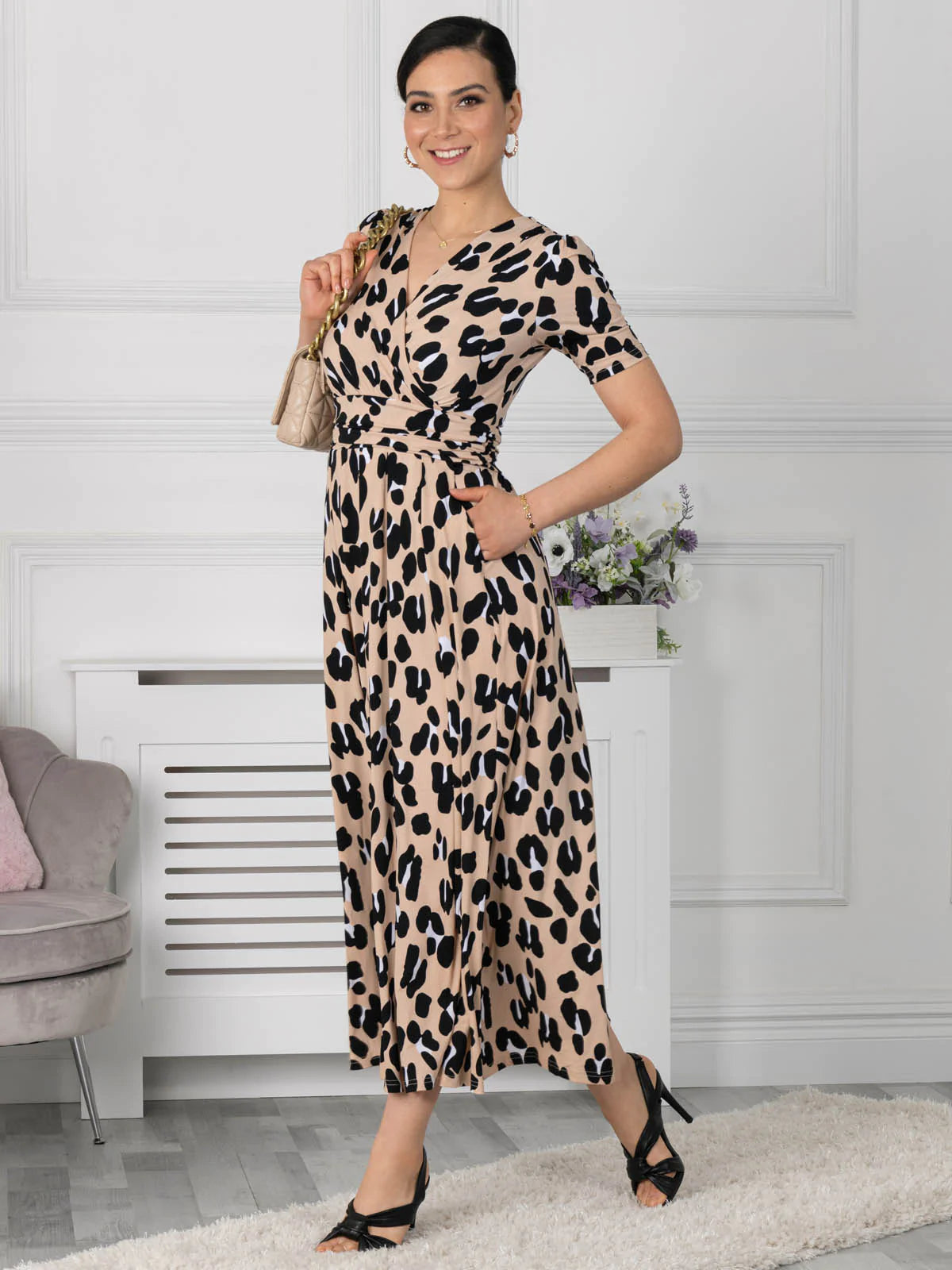 Kiera Wrap Front Maxi Dress (Camel Animal)