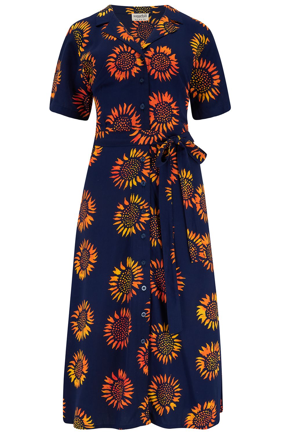 Fiona Batik Midi Shirt Dress (Navy, Sunflowers)
