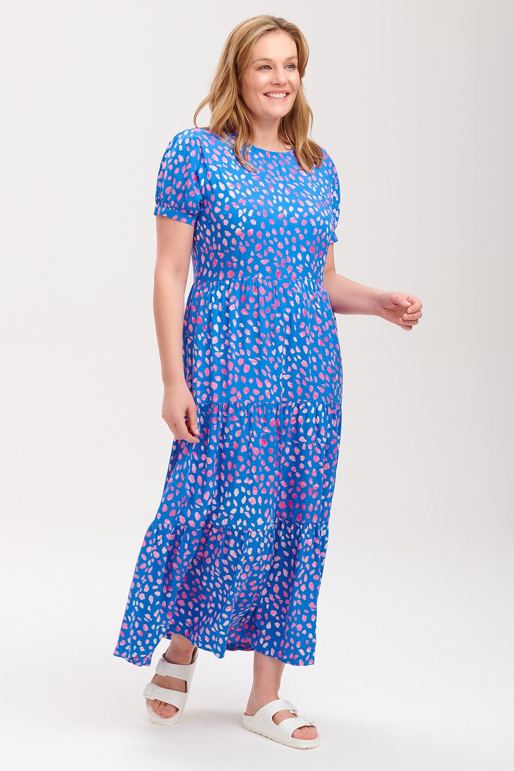 Polly Batik Maxi Tiered Dress Painterly Spot (Blue/Pink)