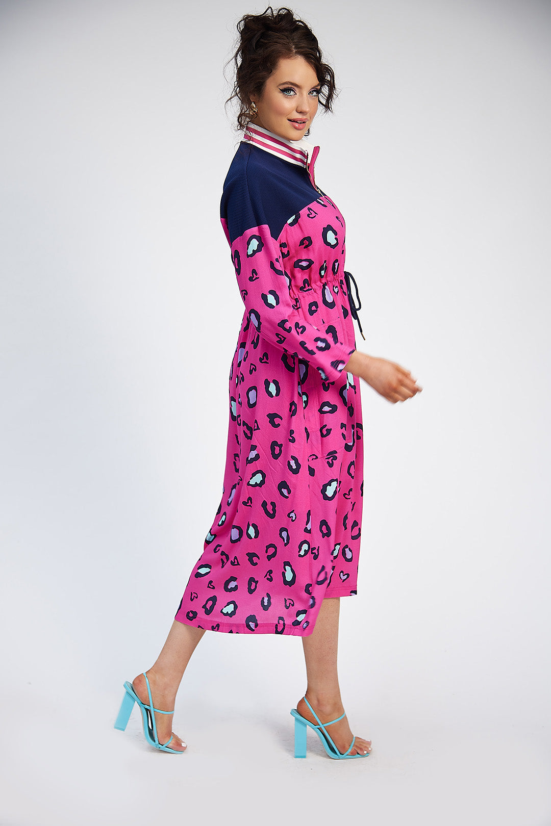 Katie Drawstring Dress (Pink Print/Navy)