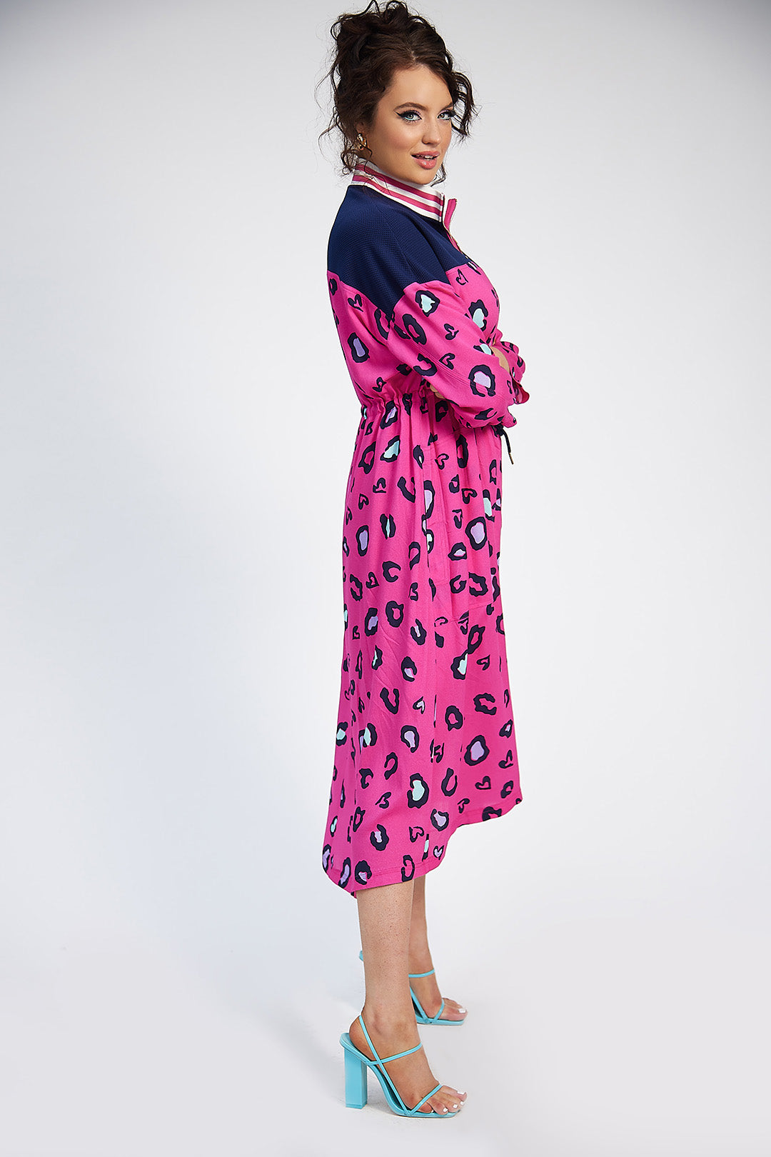 Katie Drawstring Dress (Pink Print/Navy)
