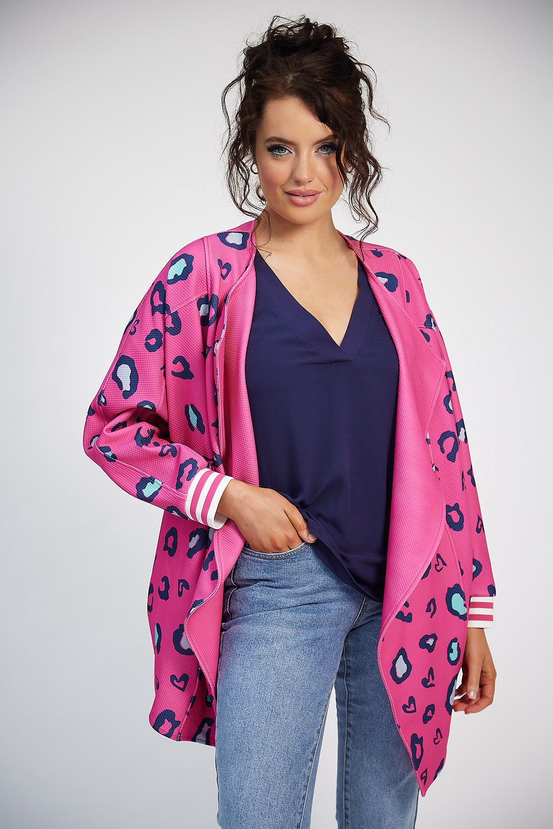 Sonia Batwing Jacket (Pink Print/Navy)