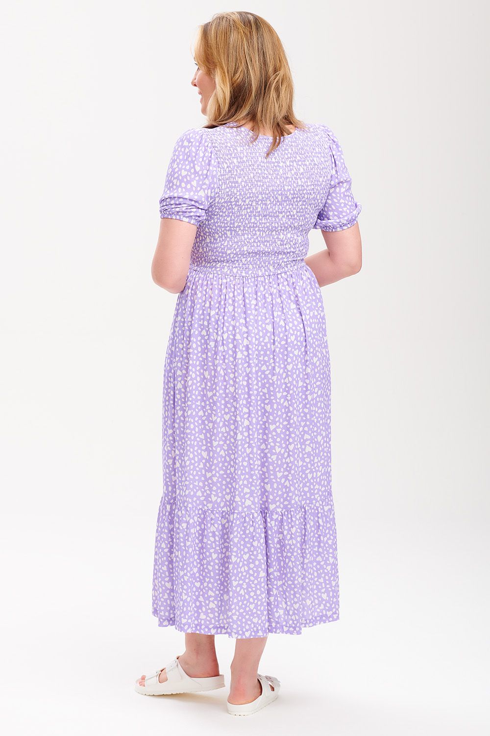 Arabella Midi Shirred Dress - Animal Pastel Love Heart (Lilac)