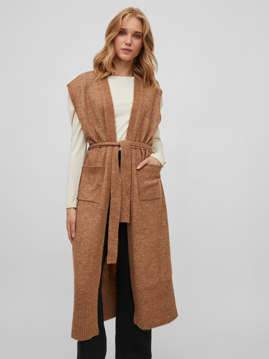 Vicalia Belted Long Knit Vest (Toasted Coconut)