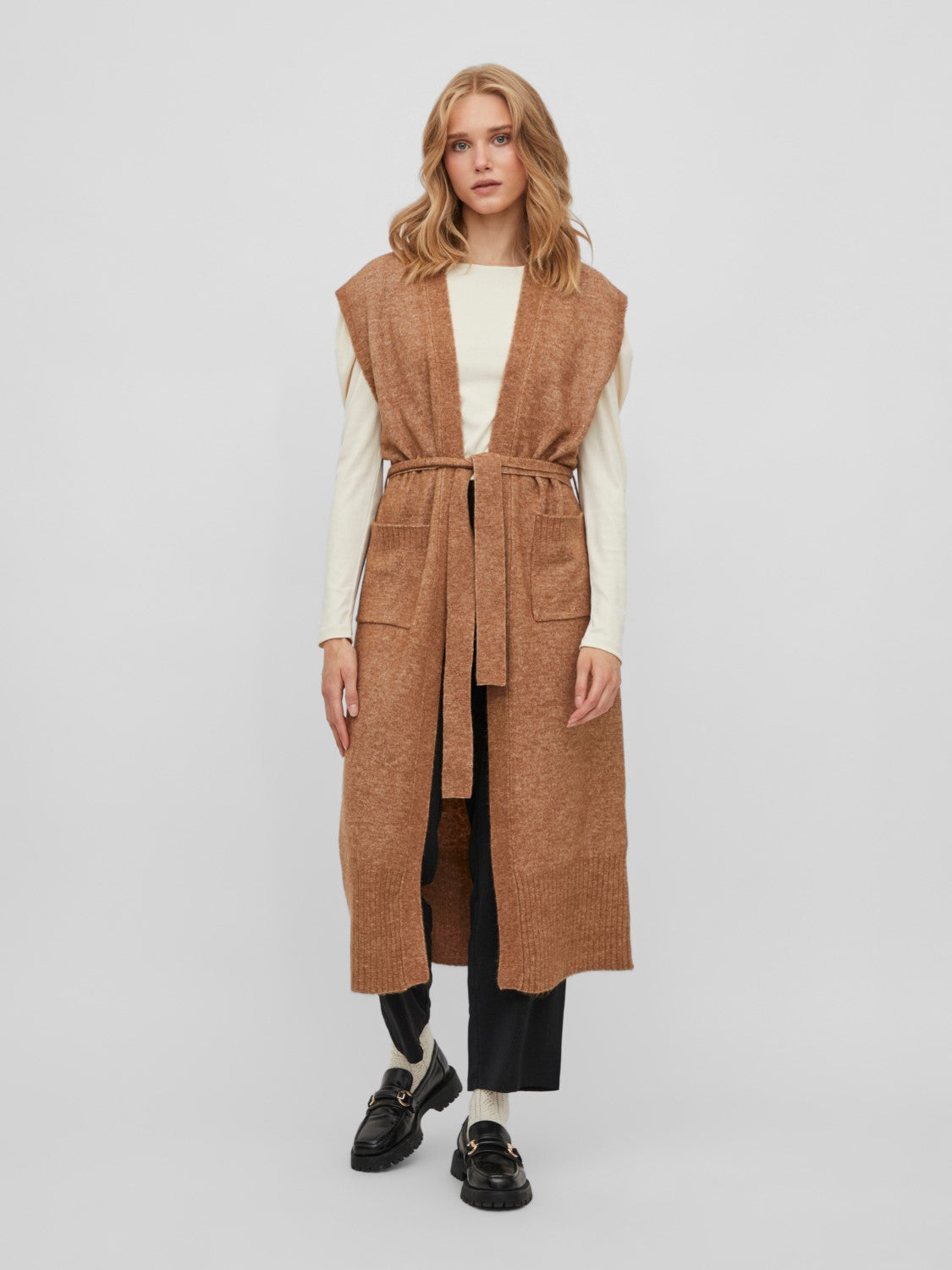 Vicalia Belted Long Knit Vest (Toasted Coconut)