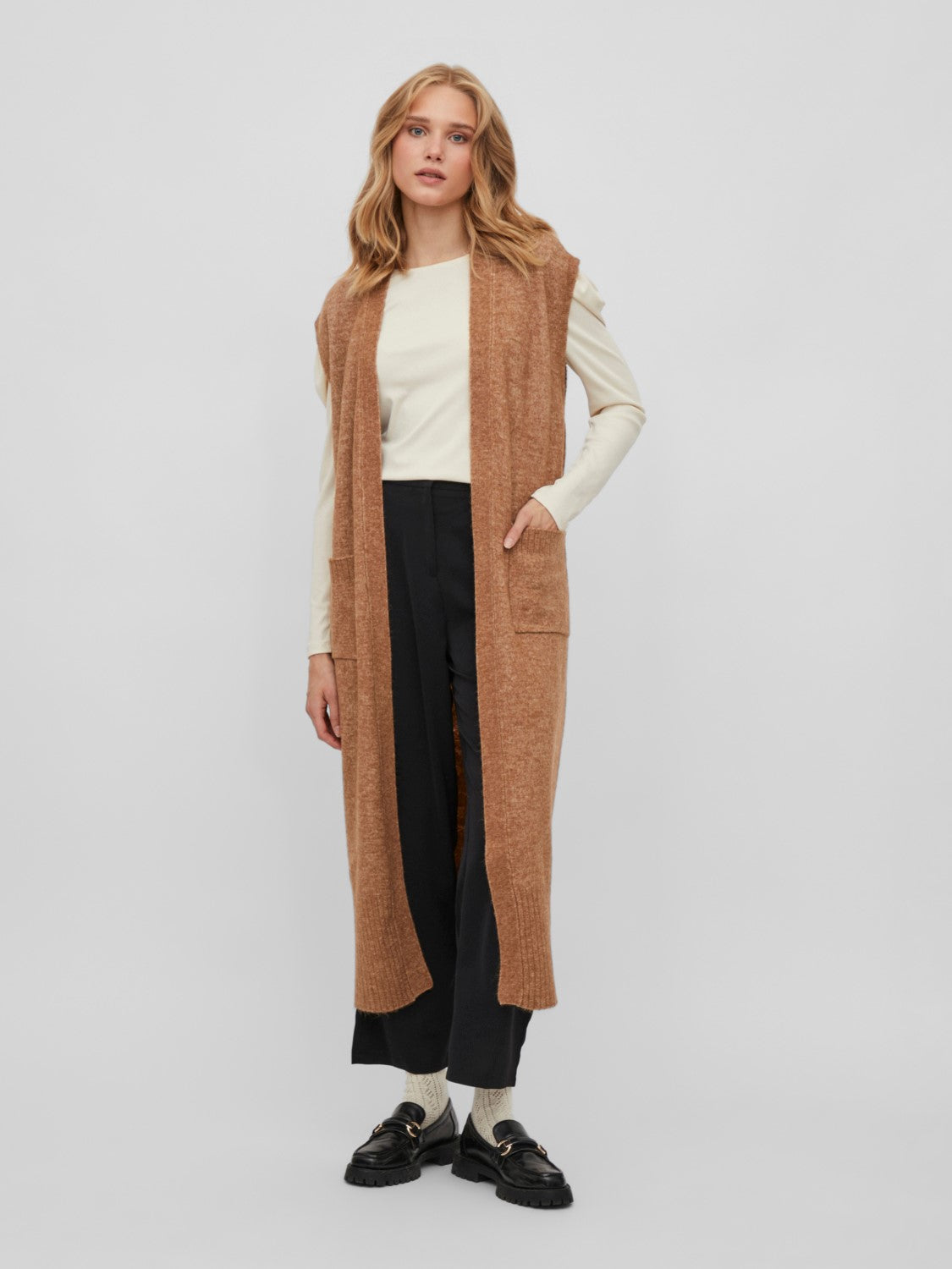 Vicalia Belted Long Knit Vest (Toasted Coconut)