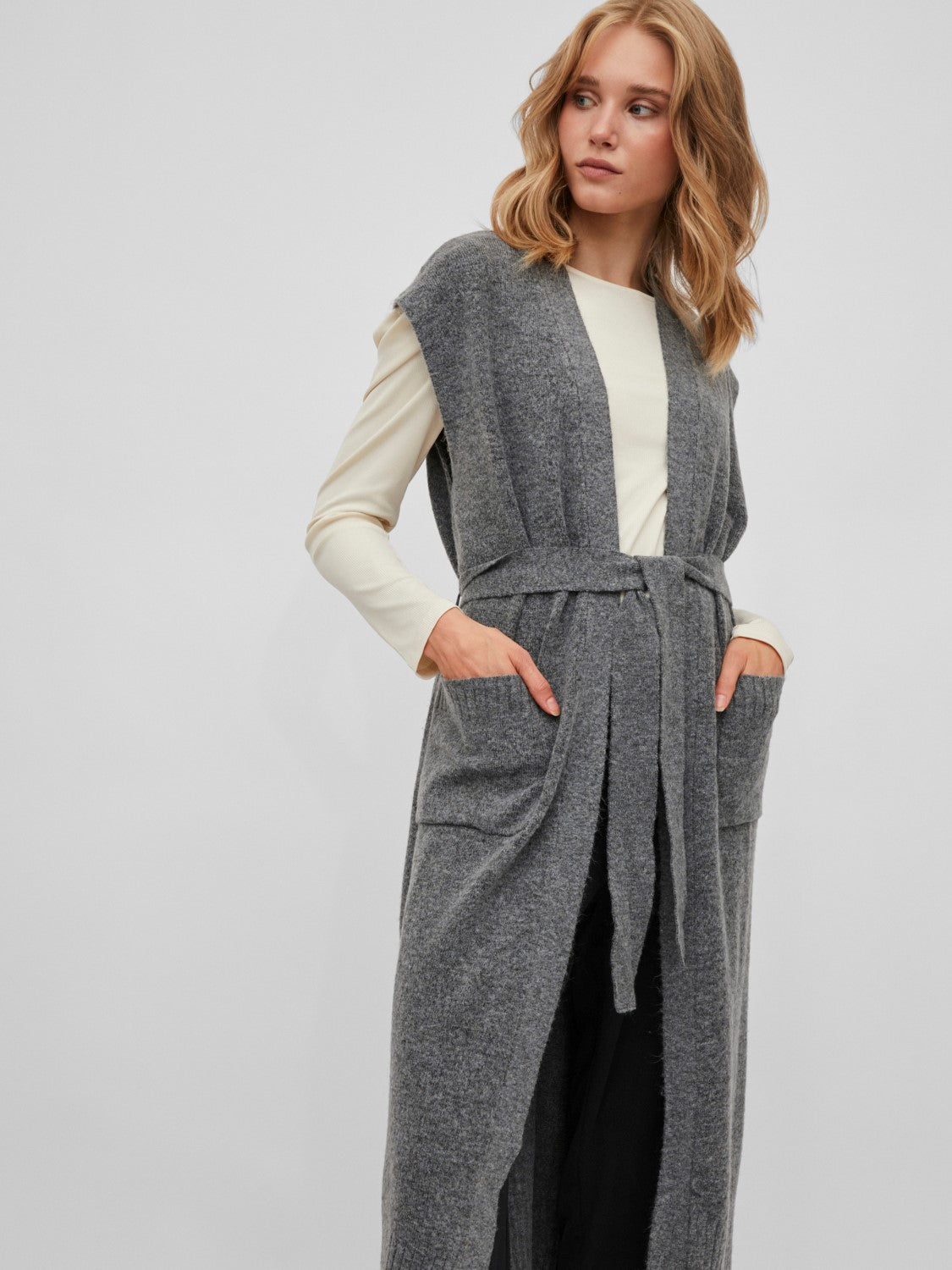 Vicalia Belted Long Knit Vest (Medium Grey Melange)