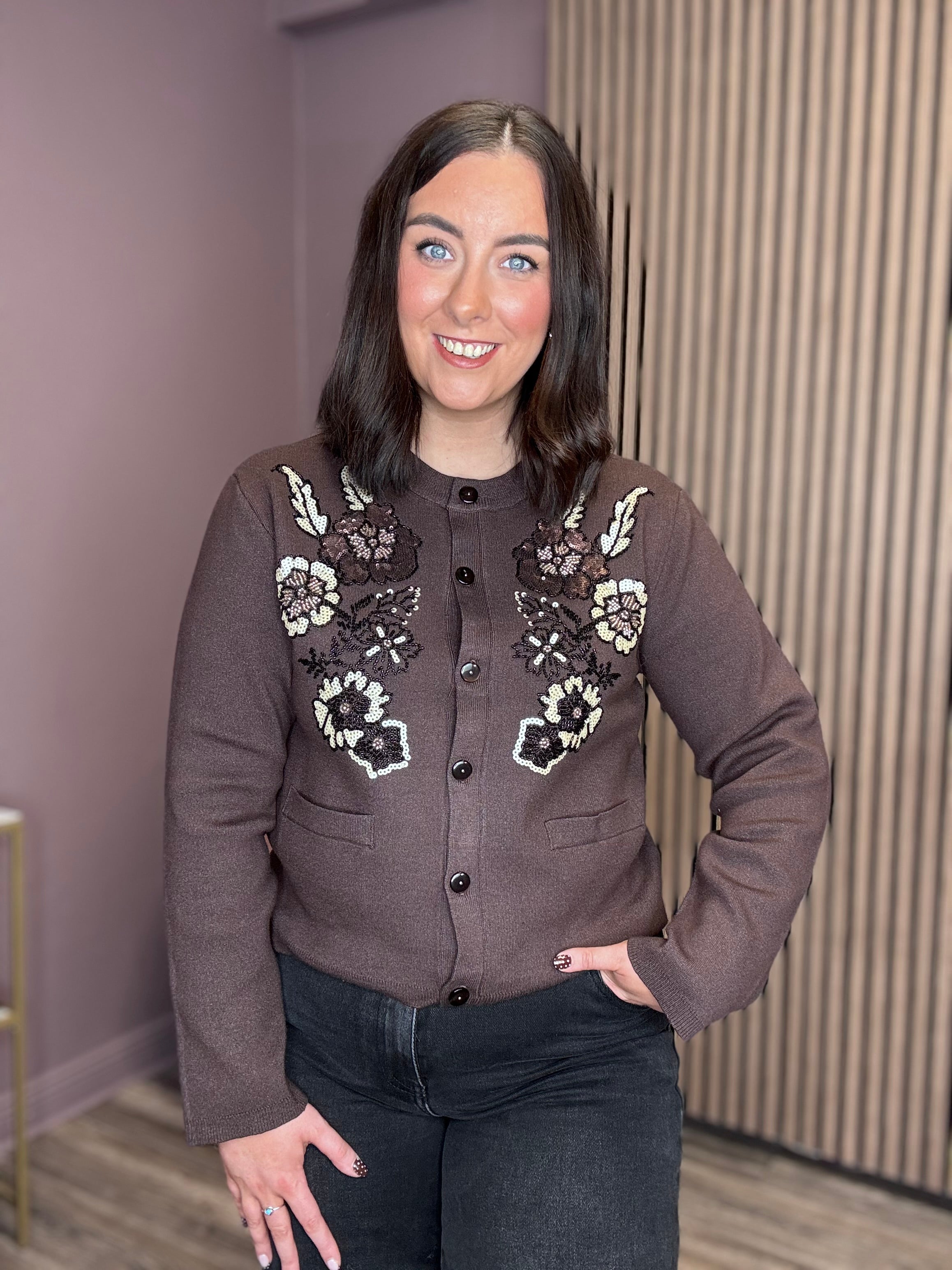 Pandora Sequin Cardigan (Seal Brown/Melange)