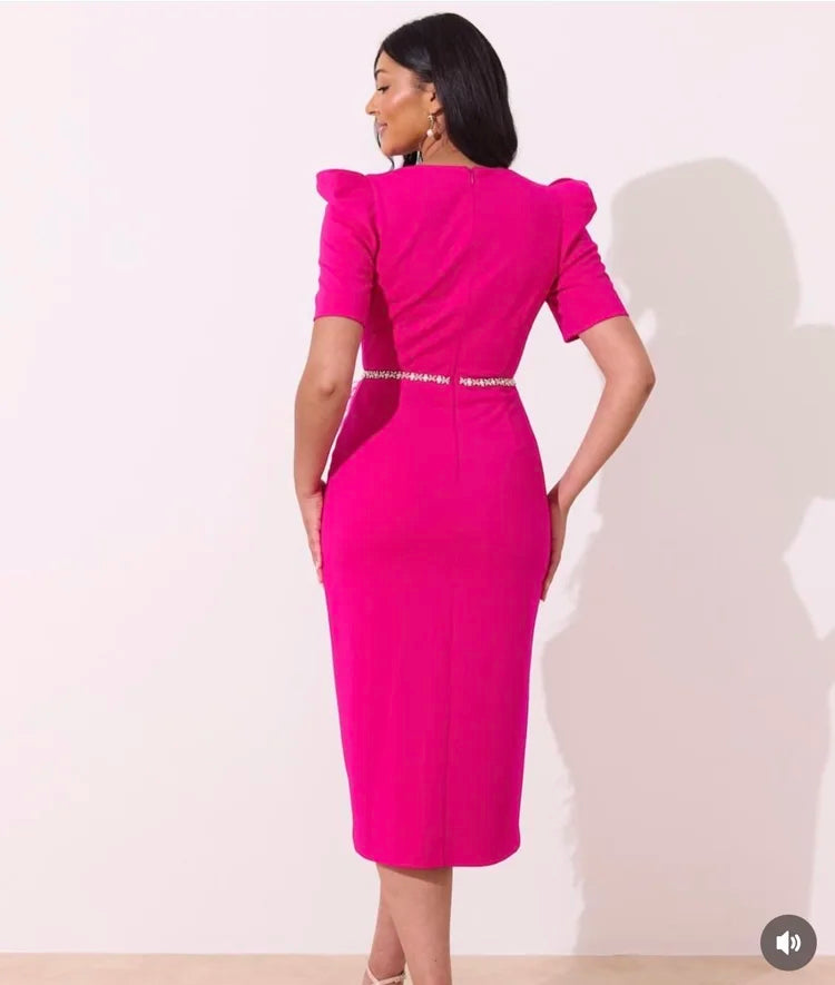 Vivienne Feather Midi Dress (Hot Pink)