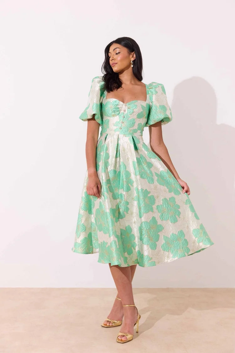 Audrey Puff Sleeve Midi Dress (Metallic Mint)