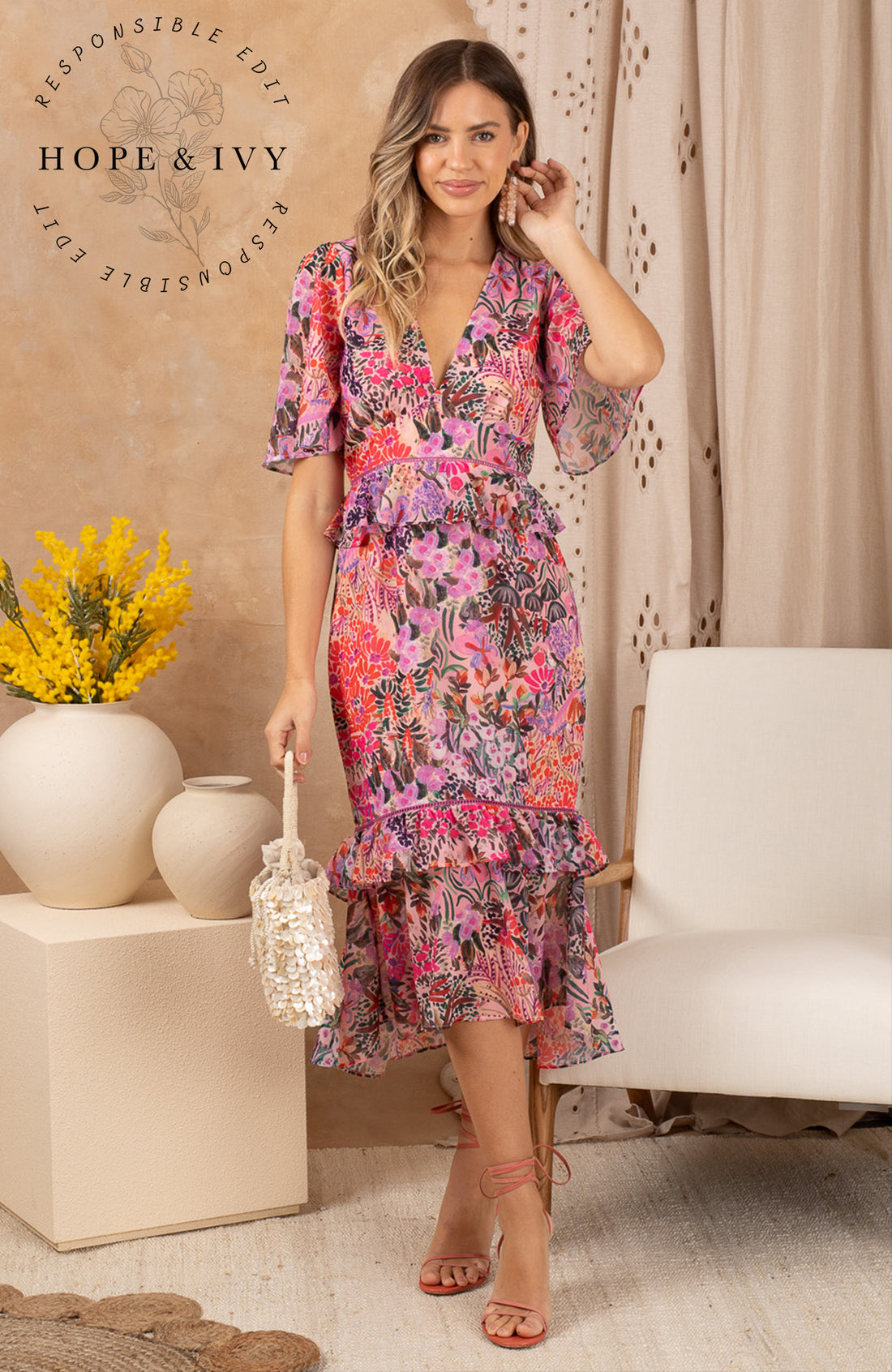 The Mia V-Neck Midi Tea Dress with Peplum Waist (Pink Floral)