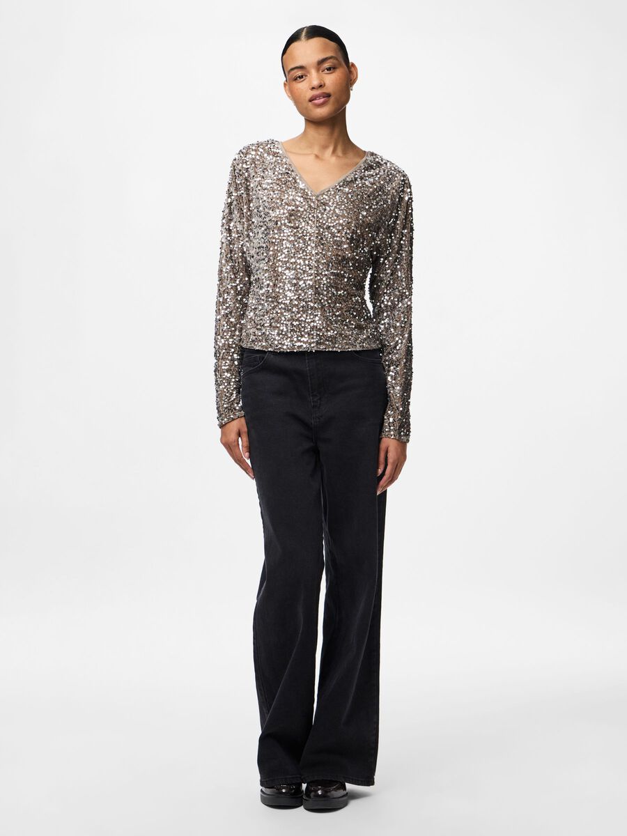 Kassey Sequin V-Neck Top (Morel/Silver)